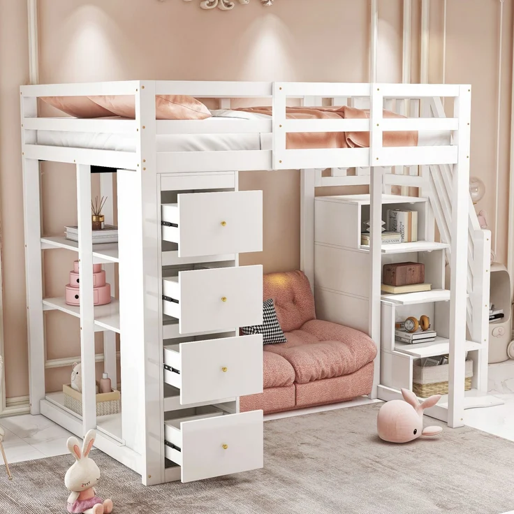Kinder Hochbett aus Massivholz 140x200 cm mit Sicherheitsleiter, Schubladen & Regal – Stauraumbett, Jugendzimmer,weiß – Bild 3