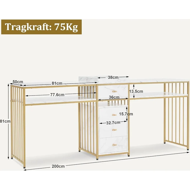M MCombo Doppelnageltisch mit Schubladen, Schreibtisch mit Regal, Manikürtisch, Schminktisch ohne Spiegel Wohnzimmer Modern, Marmor-Weiß Gold, 2413 – Bild 3
