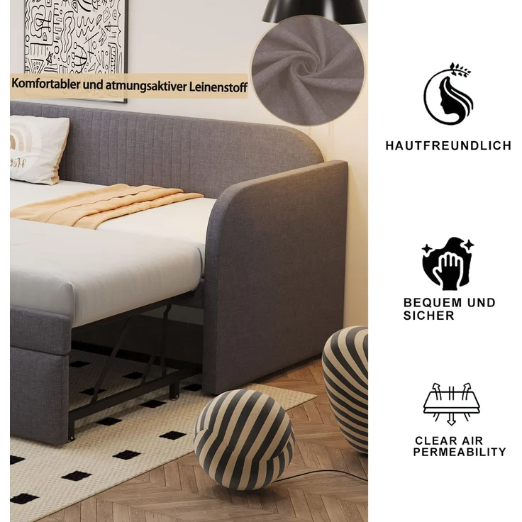 Verlängerbares Schlafsofa 90/180x190 cm mit Leinenbezug, hydraulischem Auszug, Lattenrost, vielseitigem Design,Grau – Bild 5