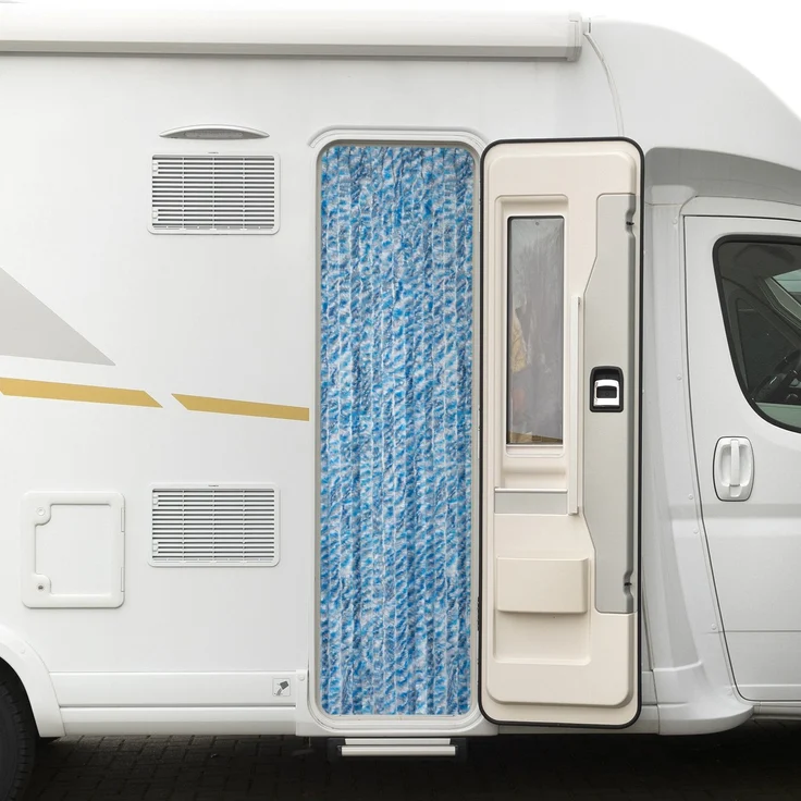 Moritz Flauschvorhang aus Chenille 56 x 185 cm blau grau weiß gestreift Türvorhang als Fliegenschutz Insektenschutz für Camping Wohnwagen – Bild 1