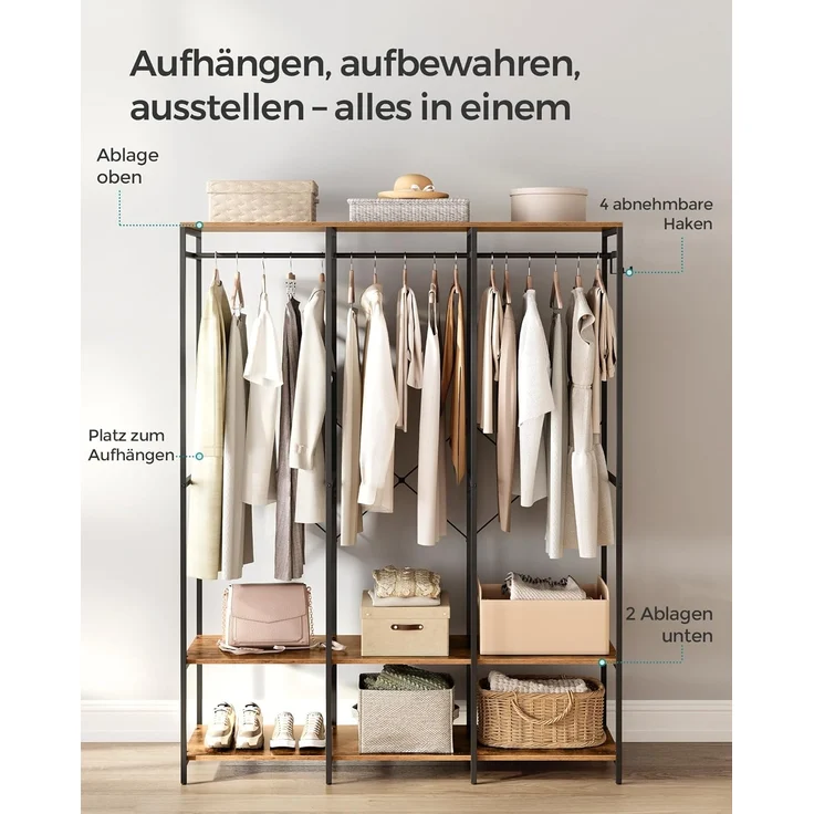 SONGMICS Kleiderschrank offen, Kleiderständer, Garderobenständer, Garderobe mit Kleiderstange, Ablagen, abnehmbare Haken, 40 x 141 x 180 cm, vintagebraun RGR005B01 – Bild 4