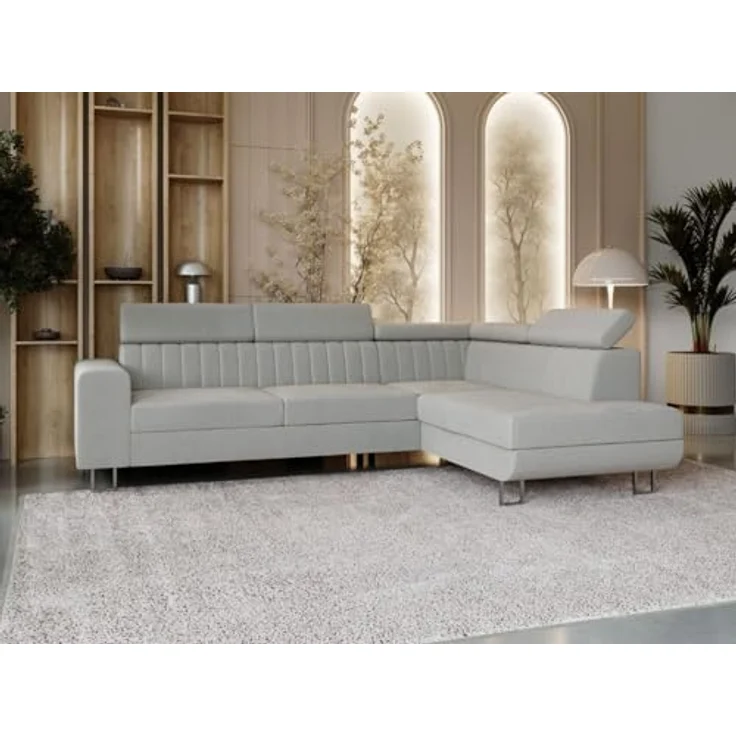 GrainGold Ecksofa mit Schlaffunktion und Bettkasten BERONA L - 255x190 cm, Grau, verstellbare Kopfstützen, Samt – Bild 4