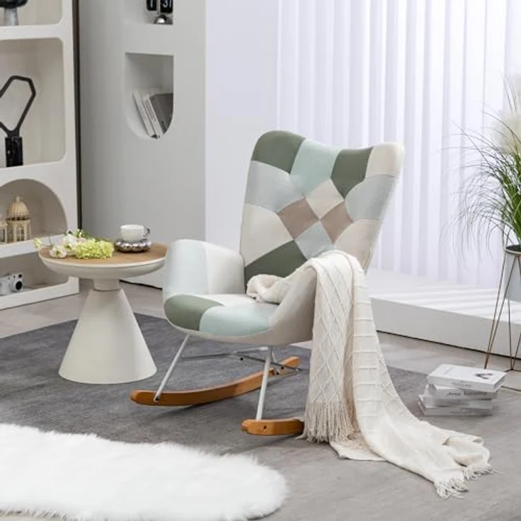 MEUBLE COSY Schaukelstuhl Sessel Schaukelsessel Stillstuhl Schwingstuhl mit Armlehnen Gepolsterter Sitzfläche für Wohnzimmer Schlafzimmer, Balkon, Stoff und Holzkufen, Bis 120 kg Belastbar, Patchwork – Bild 3