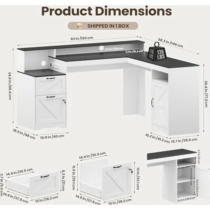 COLAMY 160 cm Landhaus L‑förmiger Schreibtisch, Eckschreibtisch mit Schubladen und Ablageboden, Home‑Office Schreibtisch mit Steckdose, Monitorständer, Holzmaserung Desktop, Weiß & Schwarz – Bild 2