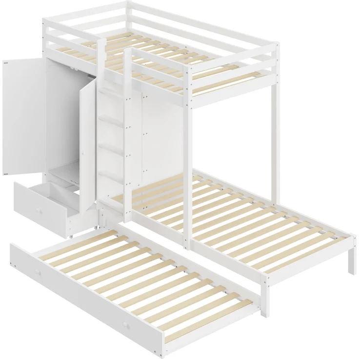 Bett Etagenbett mit Ausziehbett 90x200 cm, Massivholz in Weiß, mit Kleiderschrank, Schubladen und Ablage, ohne Matratze – Bild 8