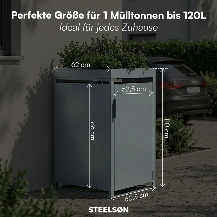 STEELSØN 'Thoria' Mülltonnenbox 1er je 120 Liter, anthrazit, Mülltonnenverkleidung aus Stahl, wetterfest, 111x62x60,5 cm, Müllbox mit Pflanzendach für 1 Tonne – Bild 9