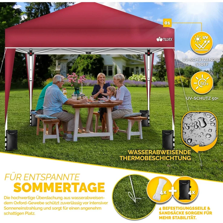tillvex Pavillon 3x3m wasserdicht Rot | Pop-Up Faltpavillon höhenverstellbar | Gartenzelt UV Schutz 50+ | Partyzelt mit Tasche für Garten – Bild 9