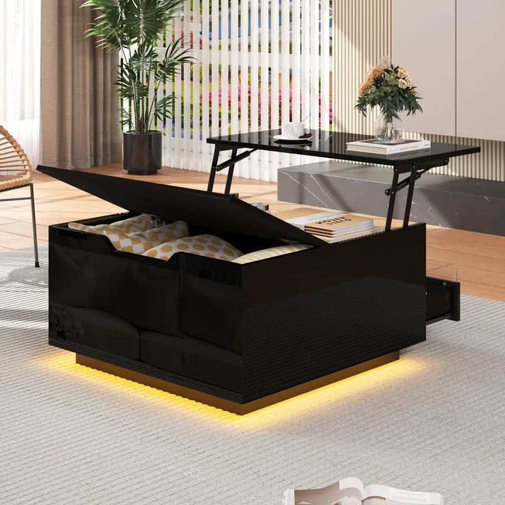Couchtisch mit Liftfunktion und LED, quadratischer Wohnzimmertisch 70 x 70 x 38 cm, schwarz Hochglanz, Acryl-Perspektivdesign – Bild 4