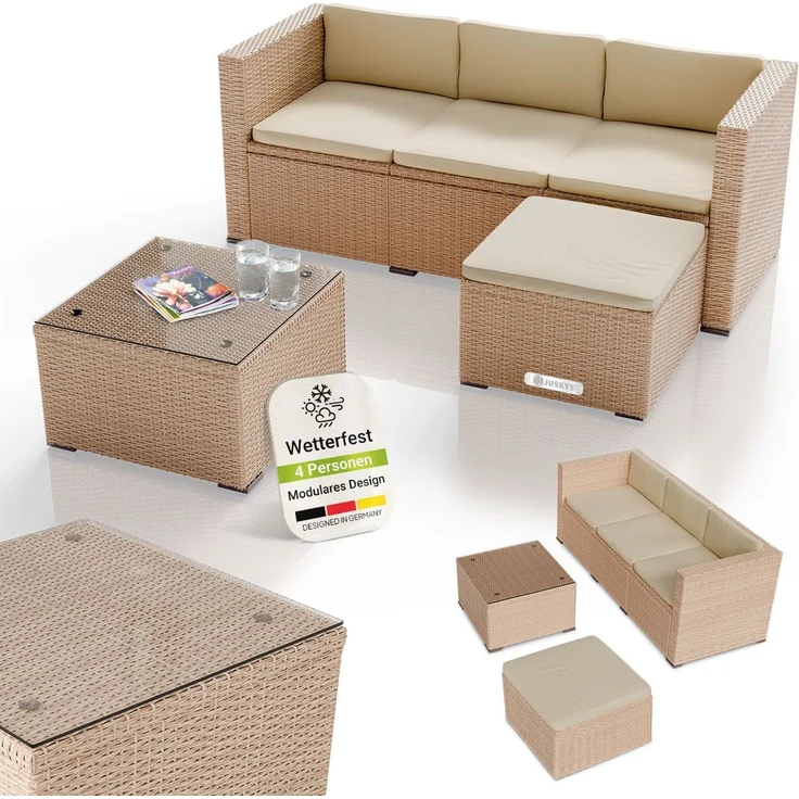 Juskys Polyrattan Lounge Punta Cana M creme – Gartenlounge für 3-4 Personen – Sitzgruppe mit Sofa, Tisch & Hocker - Sitzbezüge Sand – Bild 1