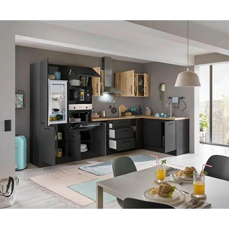 Turin LBM Eckküche 340 x 211 x 60 cm, schwarz - Ohne Küchengeräte - Moderne, geräumige Küche in Artisan-Eiche Optik mit viel Stauraum – Bild 6
