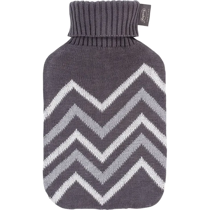 Wärmflasche mit Strickbezug Rollkragen 2L Zackenmuster Grau Weiß Fashy 67404-23