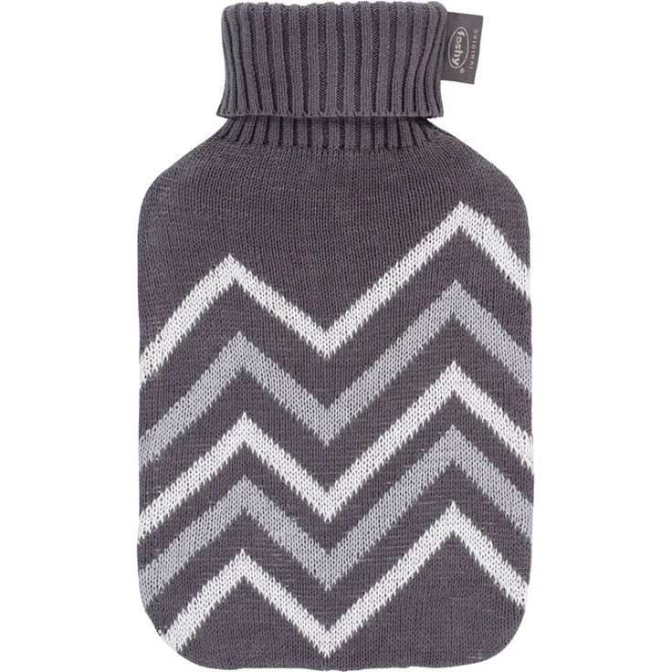 Wärmflasche mit Strickbezug Rollkragen 2L Zackenmuster Grau Weiß Fashy 67404-23