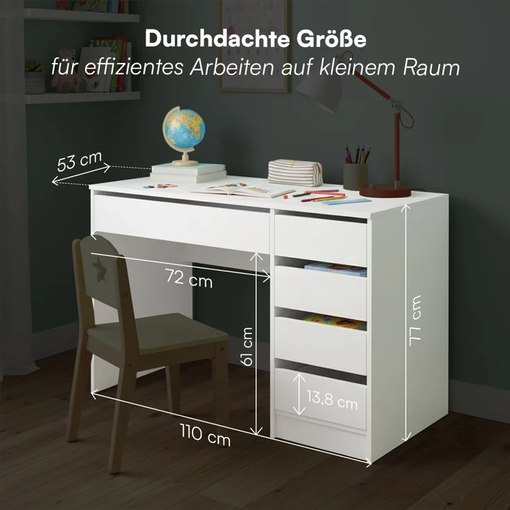Bellabino 'Nore' Kinderschreibtisch mit 5 Schubladen, beidseitig montierbar, weiß, 77x53x110 cm, Jugendschreibtisch mit Stauraum – Bild 7
