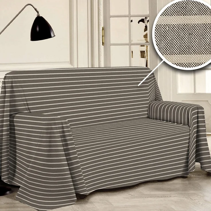 PENSIERI DELICATI Sofabezug 360x290 cm Made in Italy, Garn gefärbtes Abdeckung aus 100% Reiner recycelter Baumwolle, Tabak Gestreift, Ideal als Möbel Tuch, Sofa Überzug, Picknickdecke