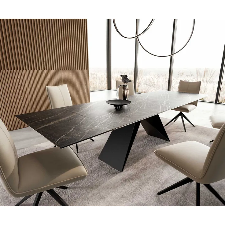 Esstisch Edge 200-300x100 Keramik Laminam®Noir Desir Braun V-Gestell Flachstahl Schwarz ausziehbar