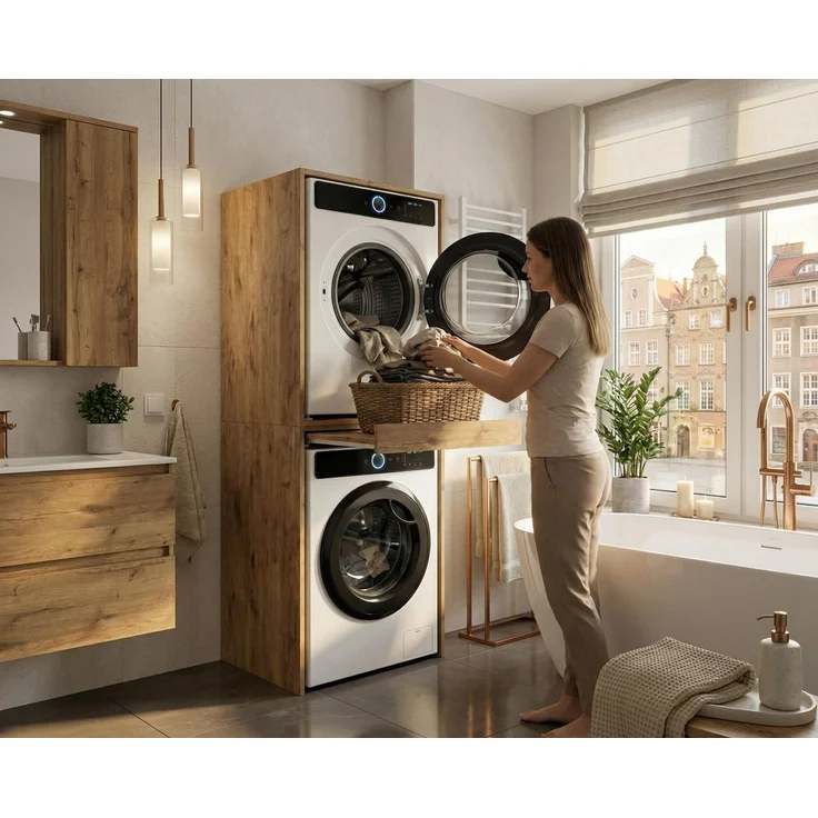 TREND WERK Waschmaschinenumbauschrank 66×64×184 cm - für Waschmaschine & Trockner übereinander (Waschraum Möbel Schrank für Waschküche mit Stauraum) Waschturm für Waschmaschine & Trockner mit Ausziehbrett & Hochschrank – Bild 4