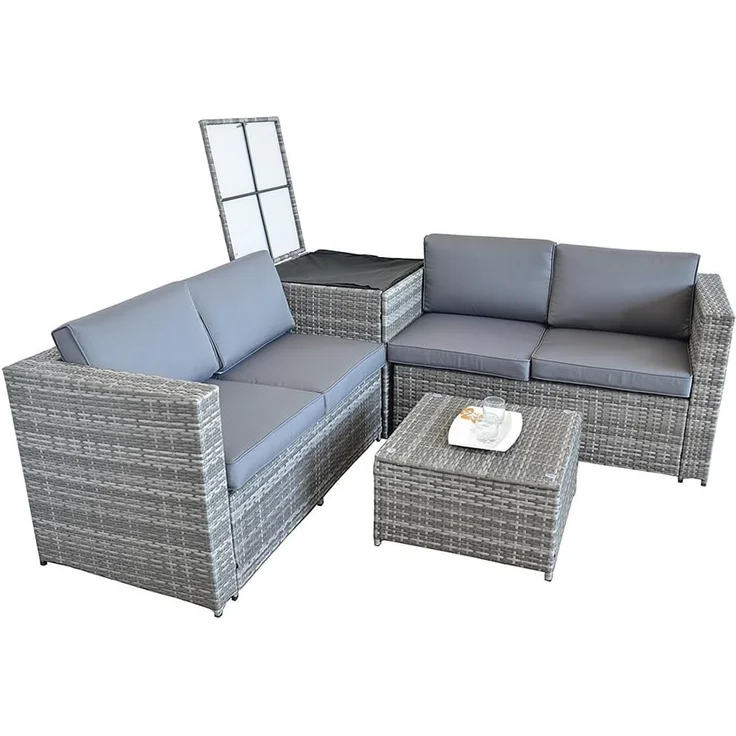 XXL PolyRattan Sitzgruppe + Auflagenbox Garten Sofa Sitzgarnitur Gartenset Grau – Bild 4