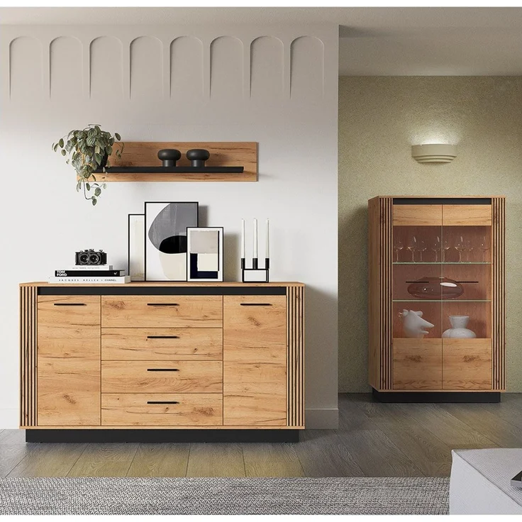 Lomadox Wohnzimmer-Set URBANIA-131, (Mega-Spar-Set, 3-St, Kommode Vitrinenschrank Wandregal), Wohnzimmer Set Vitrine Sideboard Wandboard in Eiche mit schwarz – Bild 5