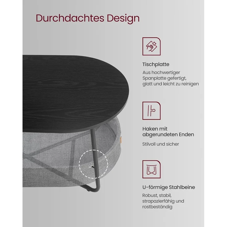 VASAGLE Couchtisch oval, Tisch mit Stauraum, Beistelltisch, Wohnzimmertisch mit Korb aus Stoff, modern, Metallrahmen, tintenschwarz-schiefergrau LCT222B56 – Bild 4