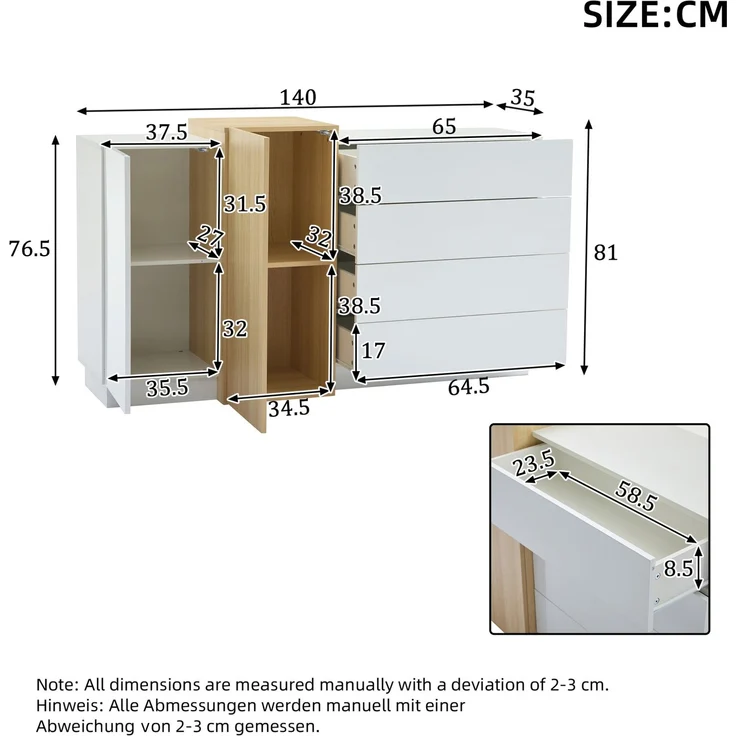 DESVIAE Sideboard mit 4 Schubladen und 2 Türen, 140x76,5x35 cm, MDF, Weiß hochglänzend – Bild 10