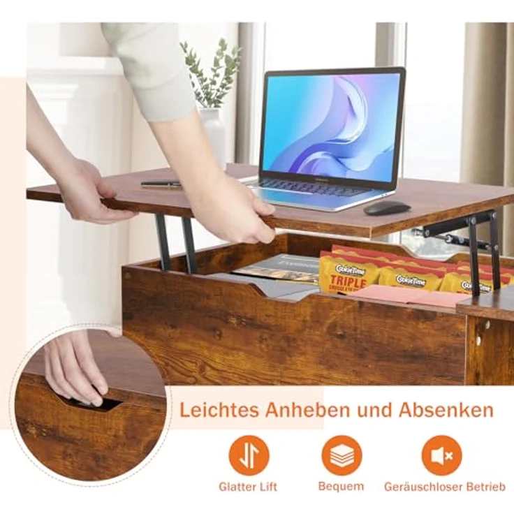 Sweetcrispy Couchtisch Höhenverstellbar, Tisch Wohnzimmertisch, offener und versteckter Stauraum Couchtisch, Sofatisch Beistelltisch, 100x50 cm Sofatisch aus Holz für Wohnzimmer, Braun – Bild 7