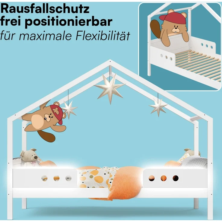 Bellabino 'Bela' Hausbett 90x200 cm mit Matratze, weiß, Kiefer Massivholz, Montessori Kinderbett mit Rausfallschutz und Lattenrost – Bild 9