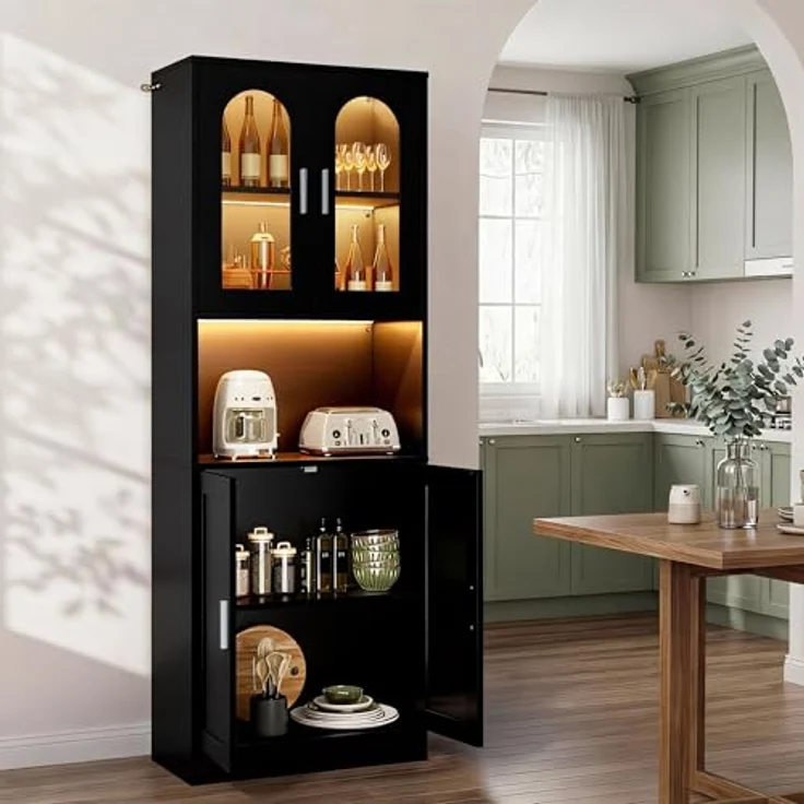 YITAHOME Hohes Bücherregal, Holzregal mit Schranktüren, modernes Bücherregal mit Präsentationsfläche, Aufbewahrungsschrank mit Beleuchtung für Zuhause, Büro, Wohnzimmer, Schwarz – Bild 4