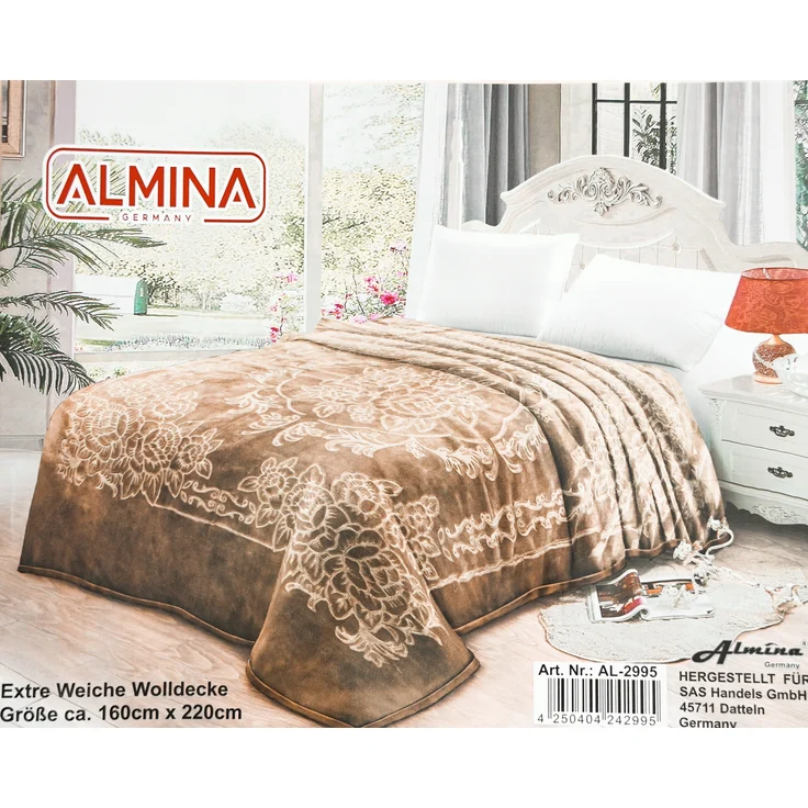 Almina Extra Weiche Wolldecke 160x220 cm 100% PES mit Blumen Muster Waschmaschinengeeignet Braun – Bild 5