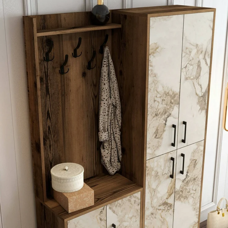 Dmora Eingangsmöbel Eufemia, Moderner Eingang, Wandgarderobe, Multifunktions-Aufbewahrungskonsole, 120x35h200 cm, Nussbaum und Weißer Marmor – Bild 6