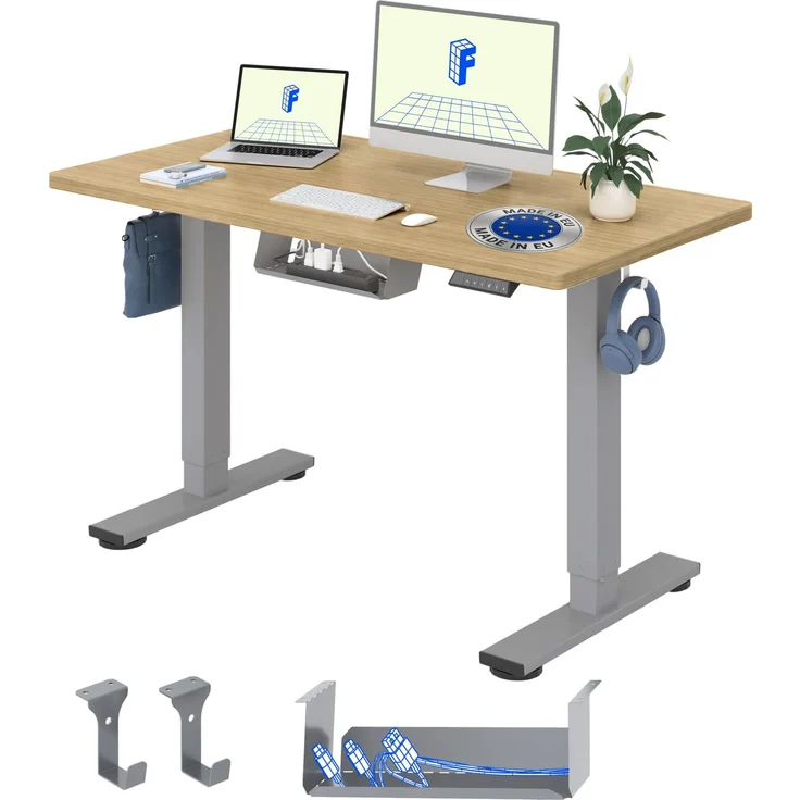 FLEXISPOT Höhenverstellbarer Schreibtisch elektrisch 140×80cm– Schreibtisch in Heller Eichenoptik, 25 mm Tischplatte, leiser Motor für Homeoffice & Wohnräume (Natur-Eiche Optik, Grau Gestell)