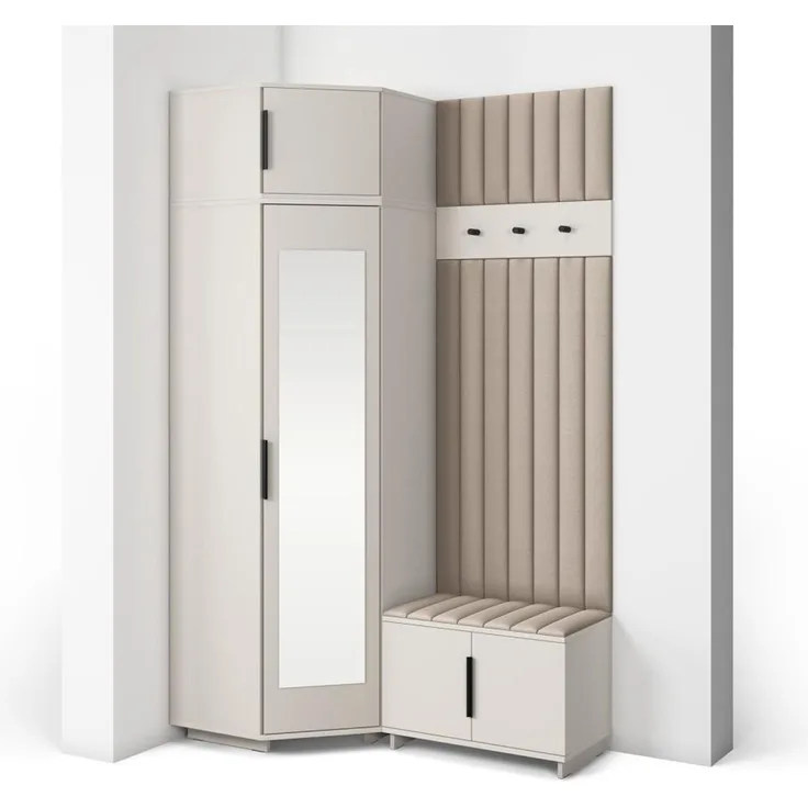 Garderoben-Set Napoli Version 22: Eckschrank mit Polsterpaneelen, Schuhschrank Flur und Eingangsbereich (Cashmere/Trinity 03), 229 x 70 x 140 cm
