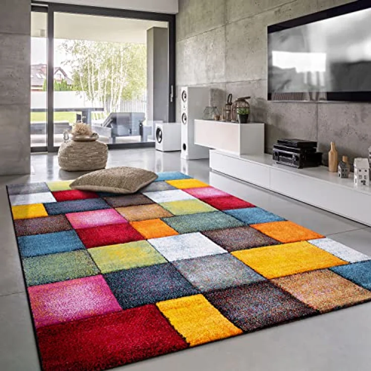 Paco Home Teppich Wohnzimmer Kinderzimmer Kurzflor Moderne 3D Optik Kariert Geometrische Muster, Grösse:120x170 cm, Farbe:Bunt – Bild 2