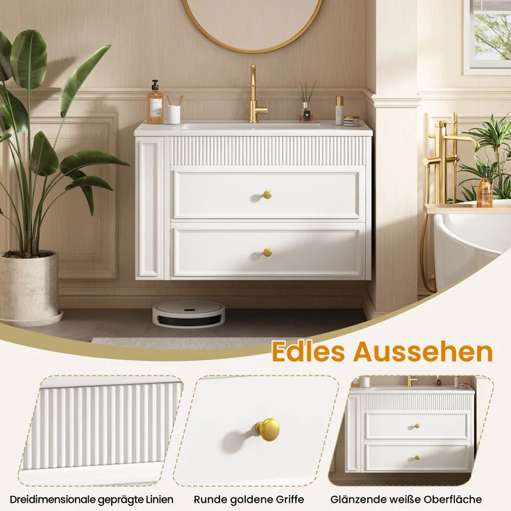 Waschtischunterschrank 81x47x52 cm, wandhängend, mit Keramikwaschbecken und 2 Schubladen, Weiß – Bild 6