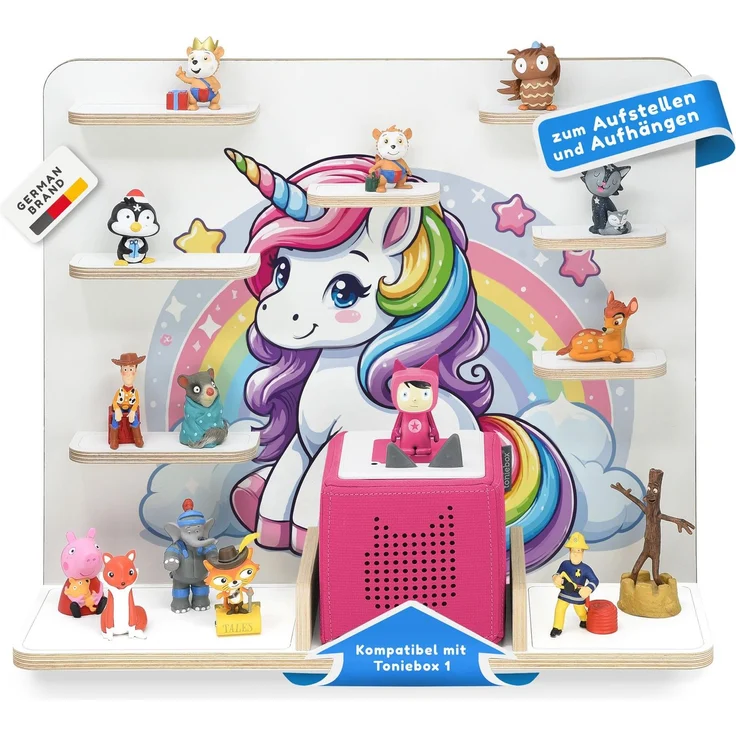 stadtecken Holzregal für Tonies & Toniebox – Musikbox Wandregal aus 10mm Holz – Platz für 35-50 Figuren mit Magnetfunktion – Handgefertigt – Zum Aufstellen oder Aufhängen (Einhorn Zauberwelt, Groß) – Bild 1