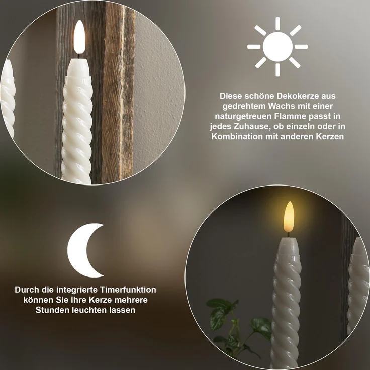 LED Stabkerzen ,Flamme Swirl' aus Echtwachs, 2er-Set, grau-braun – Bild 3