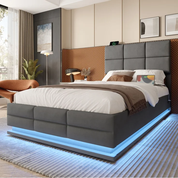 Polsterbett 90x200 cm mit LED, USB-Anschluss und Stauraum – Samt in Dunkelgrau, Ohne Matratze – Bild 3