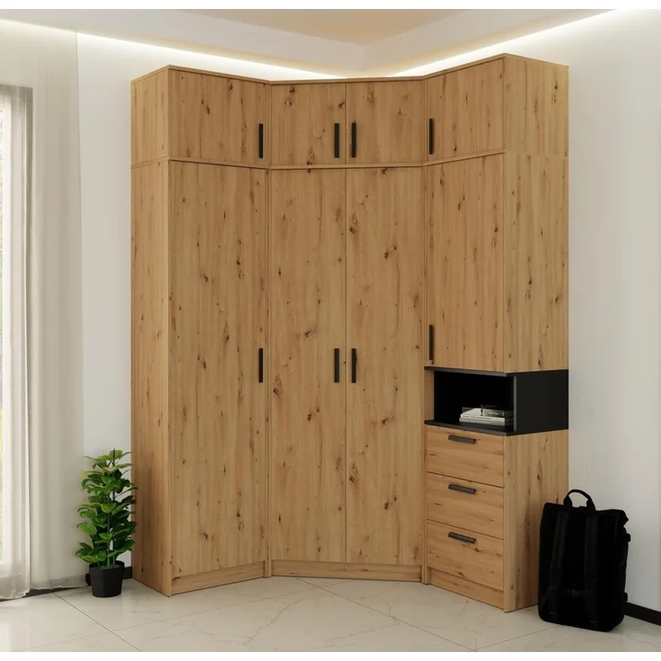 Marmex Möbel Grant Set-43A Eckkleiderschrank und 1-türiger Kleiderschrank mit ausziehbarer Kleiderstange – modernes Garderoben-Set, laminierte Spanplatte, artisan, 143/91x195x40 cm – Bild 7