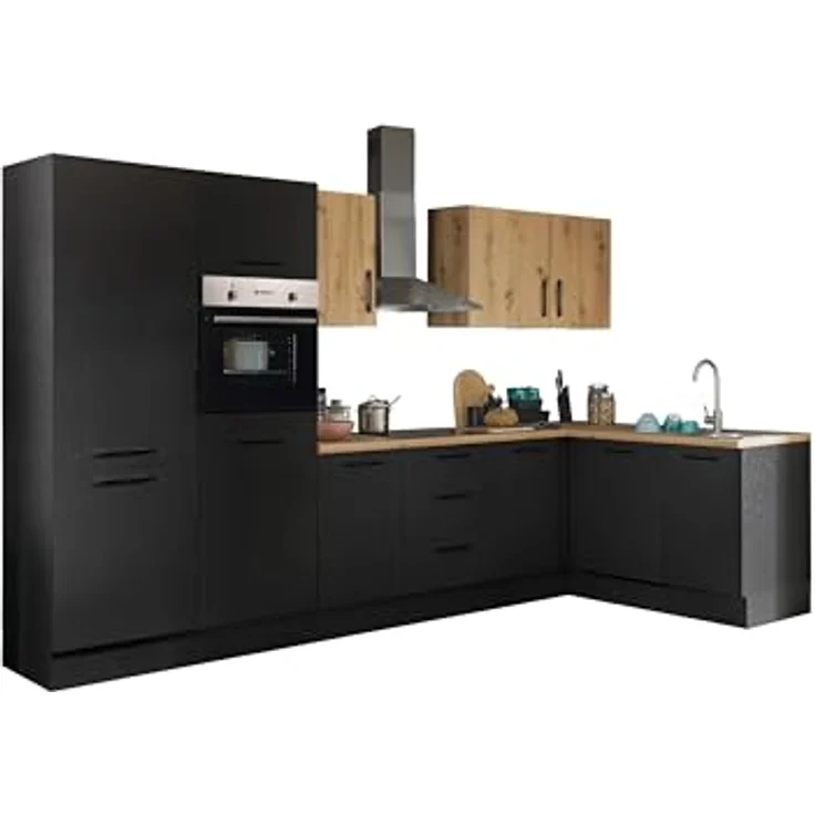 Turin LB Eckküche 340 x 211 x 60 cm, schwarz - Ohne Küchengeräte - Moderne, geräumige Küche in Artisan-Eiche Optik mit viel Stauraum – Bild 2