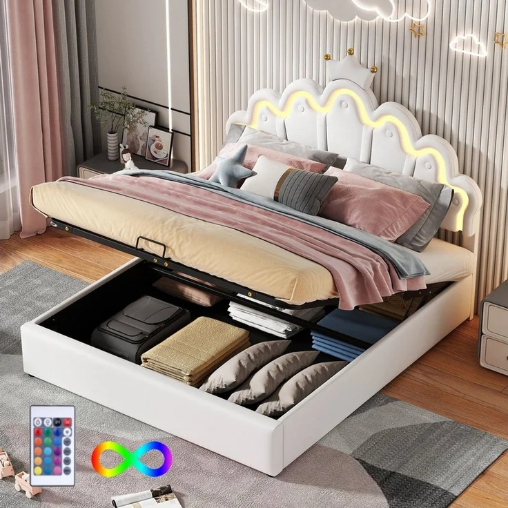 Flieks Polsterbett, LED Kinderbett Doppelbett mit krone-Form Prinzessinnenbett 140x200cm – Bild 1