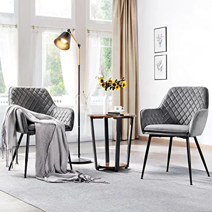 Yaheetech Esszimmerstühle 2er Set Küchenstühle, Polsterstühle mit Armlehnen Metallbeine, Seesel aus Samtstoff für Arbeitszimmer/Wohnzimmer, Hellgrau – Bild 7