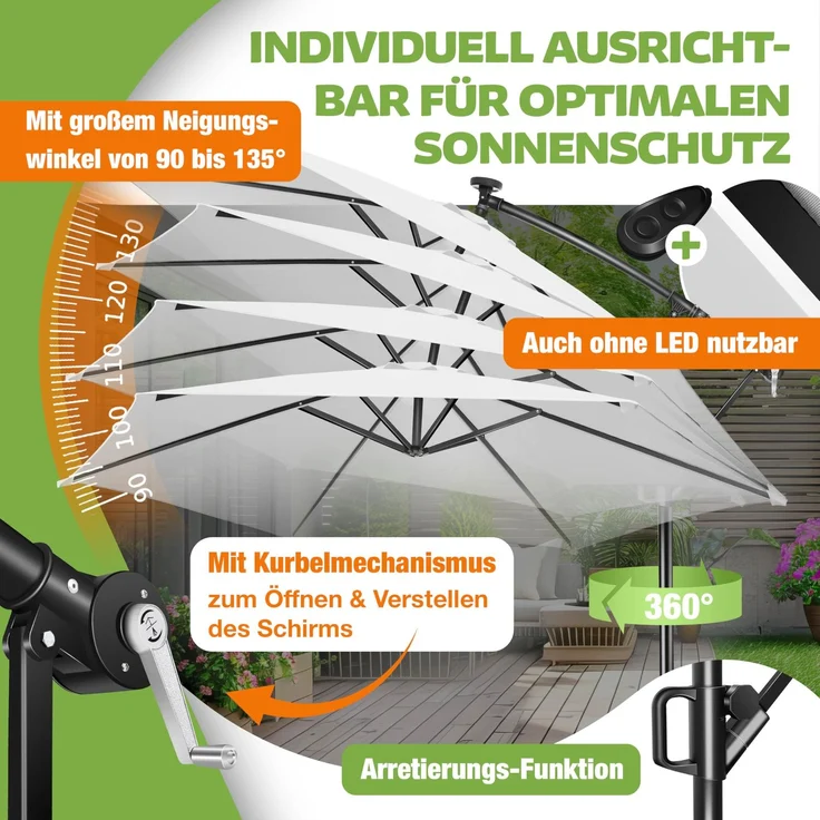 KESSER® Alu Ampelschirm LED Solar + Abdeckung mit Kurbelvorrichtung UV-Schutz Aluminium mit An-/Ausschalter Wasserabweisend - Sonnenschirm Schirm Gartenschirm 300cm, Weiß – Bild 5