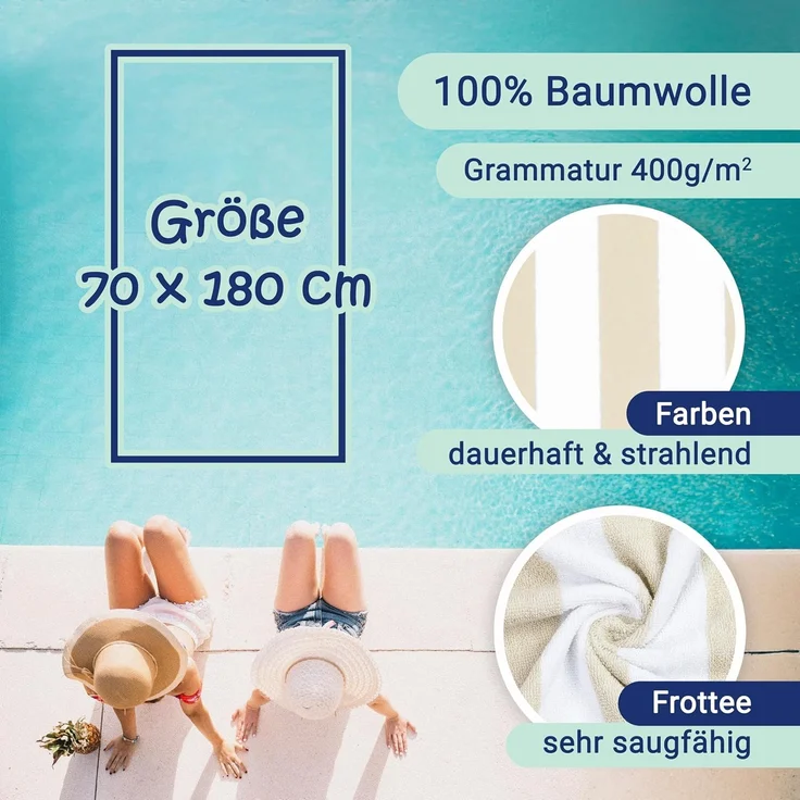 ZOLLNER 2er Set Saunatuch gestreift, 100% Baumwolle, 70x180 cm, beige – Bild 3