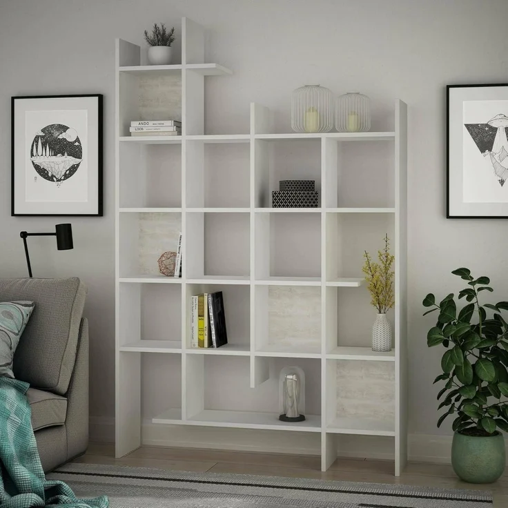 Dmora - Bücherregal Chertan, Büroregal, Mobiler Buchhalter, Bücherbrett, 122x26h188 cm, Weiß – Bild 1