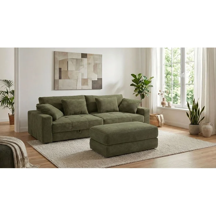 Polsterhocker 124x60 cm Federkern praktische Sitzbank Designerhocker Cord Grün – Bild 4