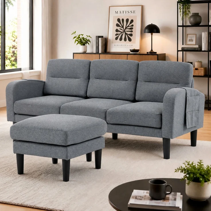 EINHOM Ecksofa L-Form Sofa 3-Sitzer mit Chaiselongue, kleines Ecksofa aus, An der Seite befindet sich eine Aufbewahrungstasche, 10 Sofabeine, Geeignet für das Wohnzimmer, 204 x 136 x 80 cm, Grau – Bild 4