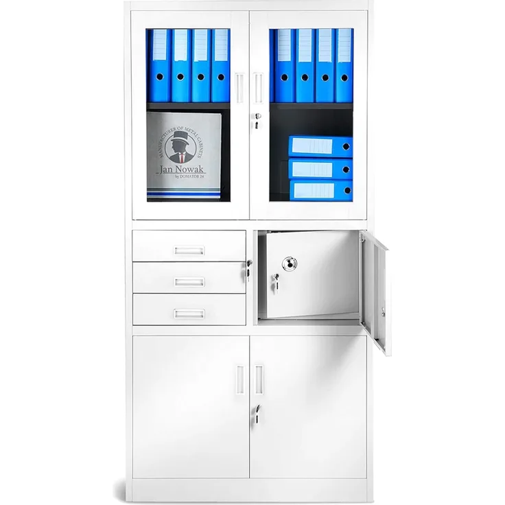 Jan Nowak Aktenschrank C018S Büroschrank Metallschrank Tresor Safe Geheimfach Flügeltüren Schubladen Pulverbeschichtung Stahlblech 185 x 90 x 40 cm (H x B x T) (Weiß)