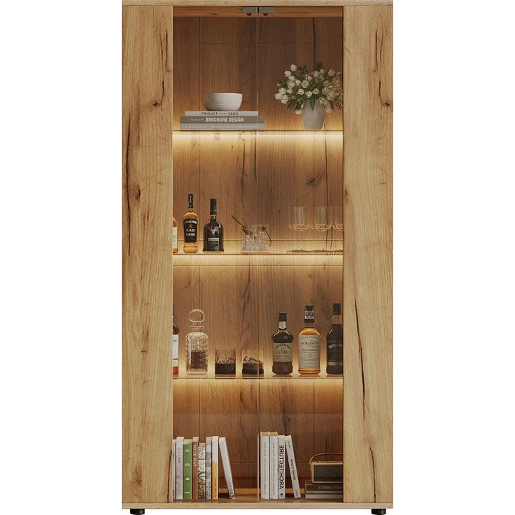 Merax Vitrinenschrank mit 2 Glastüren, 4 Ablageflächen und verstellbarer LED-Beleuchtung – modernes Design für Wohnzimmer, natur, 80×36×150.5cm – Bild 6
