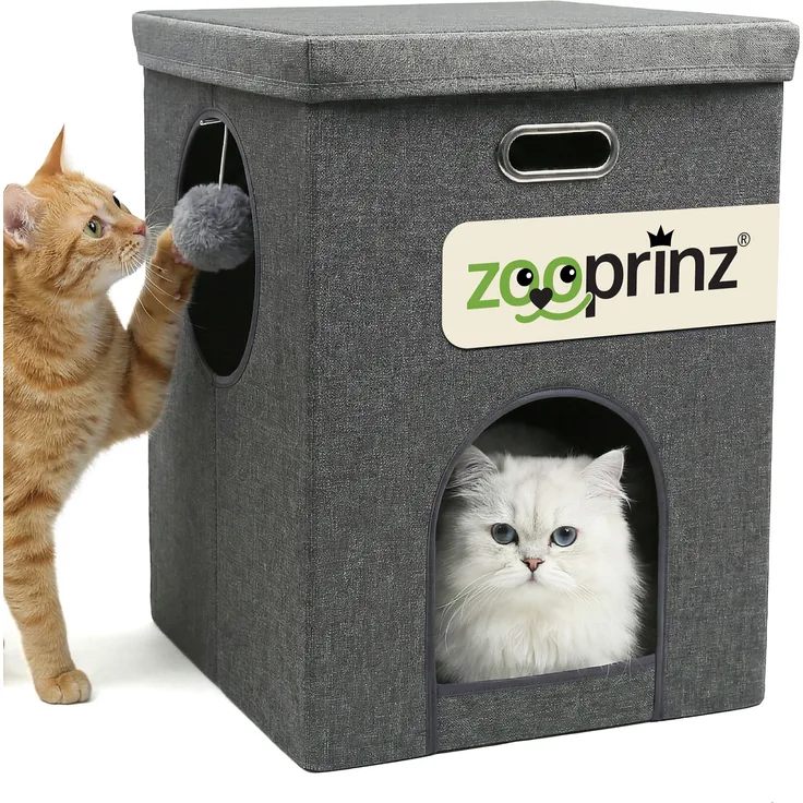 zooprinz Katzenhaus Coco, extra hohes Indoor-Katzenhaus mit Spielball, Schlafhöhle und weicher Liegefläche, grau