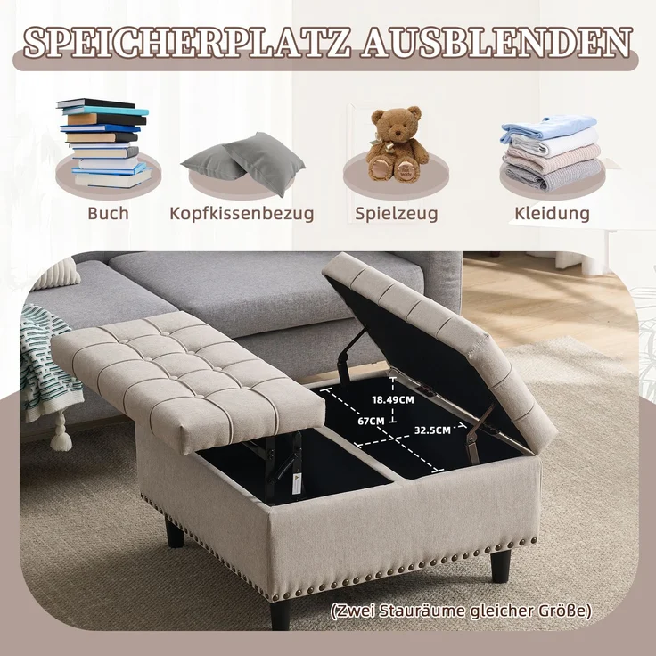 Aufbewahrungsstuhl mit mehrlagigem Stauraum, beidseitig öffnendem Stauraum,als itzbank, Fußablage,pflegeleichte Oberfläche,Beige – Bild 6
