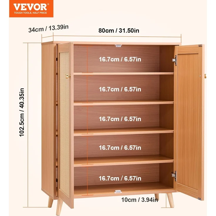 VEVOR Rattan-Schuhschrank 5-stufiger Schuhschrank Schuhkommode mit 2 Türen & verstellbaren Regalen, 102 cm hoher Rattan-Schuhschrank für den Eingangsbereich, ideal für Schrank Flur helle Holzfarbe – Bild 3